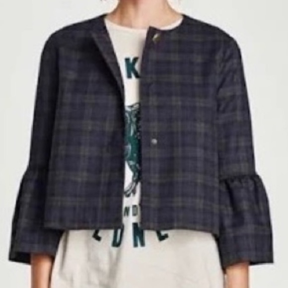 Zara Navy Blue Plaid Bell Sleeve Jacket/Top Sz L - Picture 16 of 16